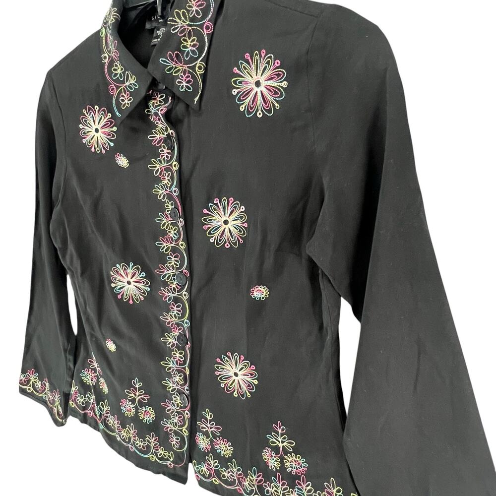Silkland Y2K Shirt Women S Petite Black Silk Embroider Floral Button Up Boho Art - Picture 2 of 14